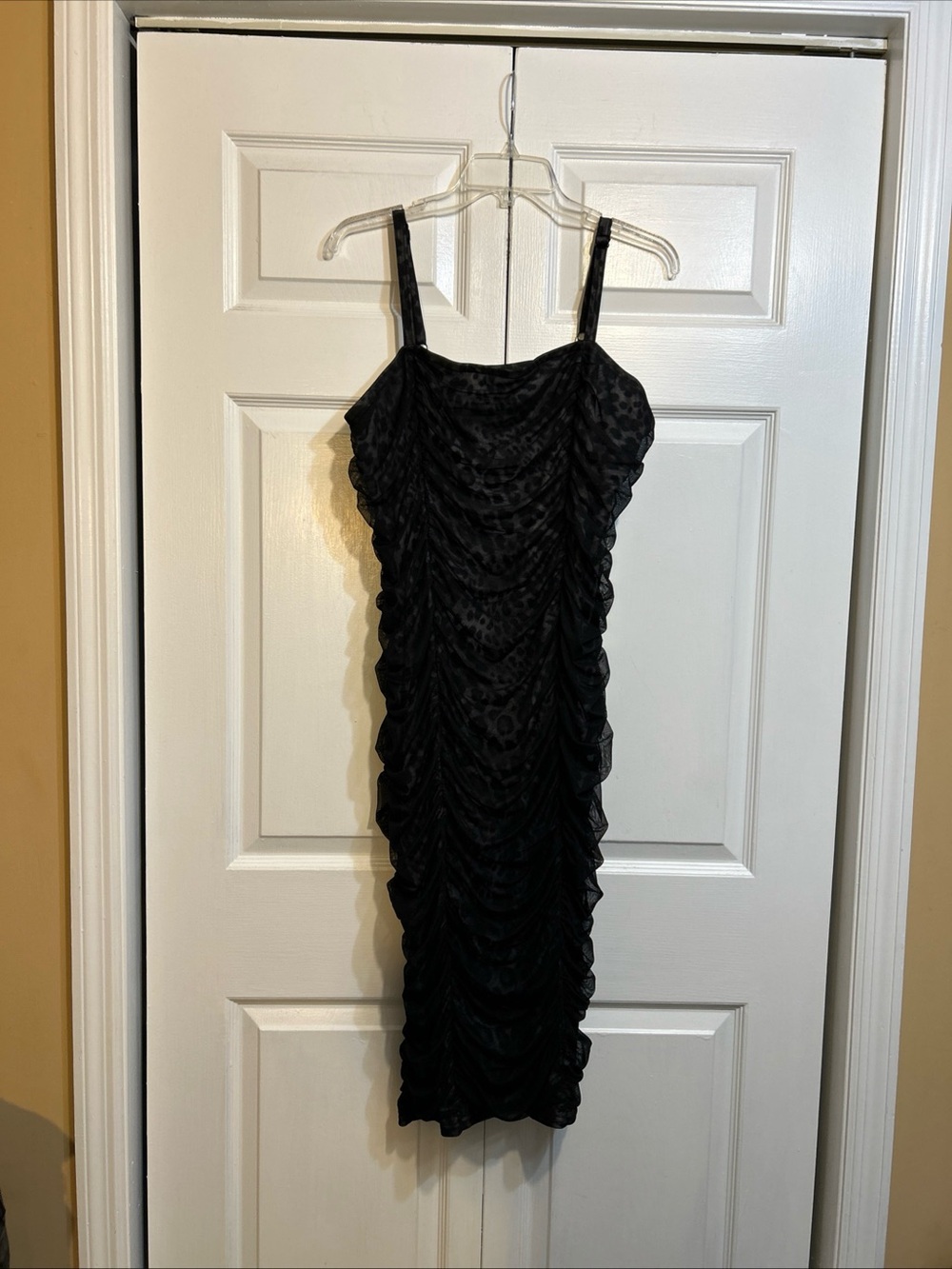 NWT Torrid Size 1 Midi Shirred Bodycon Dress Black Mesh Overlay Gray Leopard